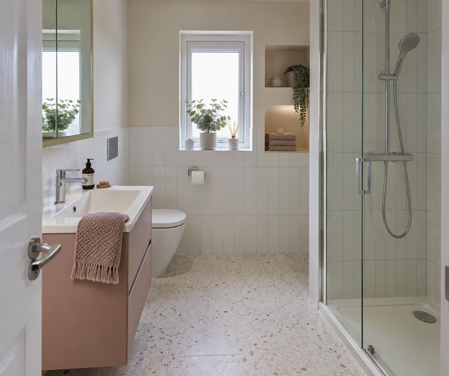 Blush vanity and glazed shower in a compact ensuite