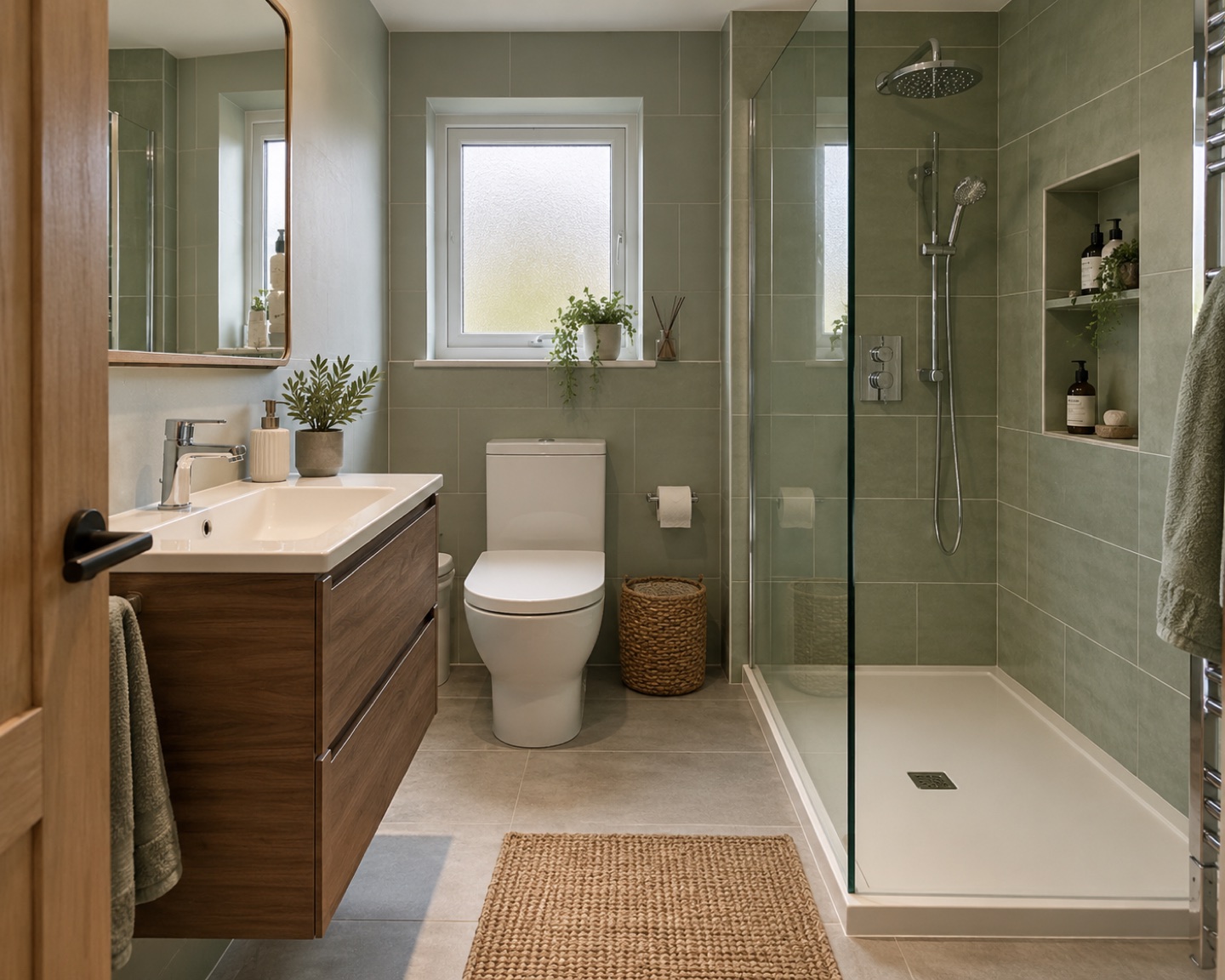 Sage-tiled shower room with walnut vanity